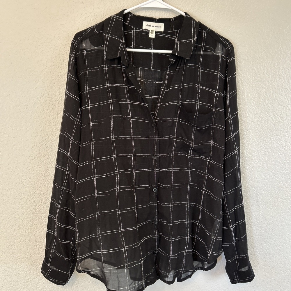 Cloth & Stone Sheer Button Front Blouse Shirt Women's Size L Anthropologie Black
